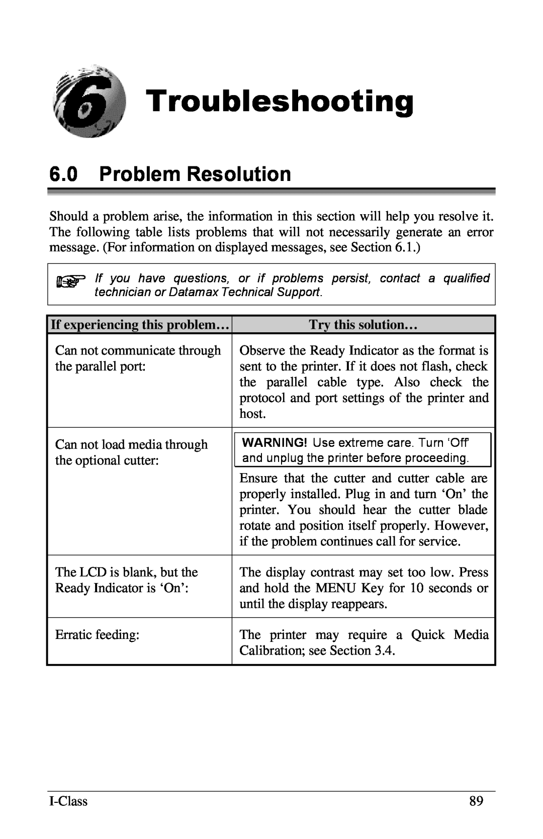 Xerox I Class manual Troubleshooting, 6.0Problem Resolution, If experiencing this problem…, Try this solution… 