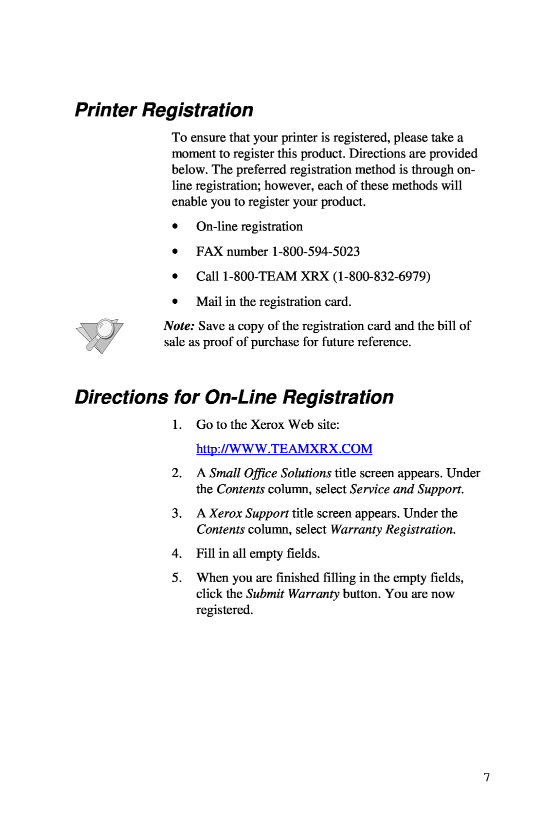 Xerox Inkjet Printer manual Printer Registration, Directions for On-LineRegistration 