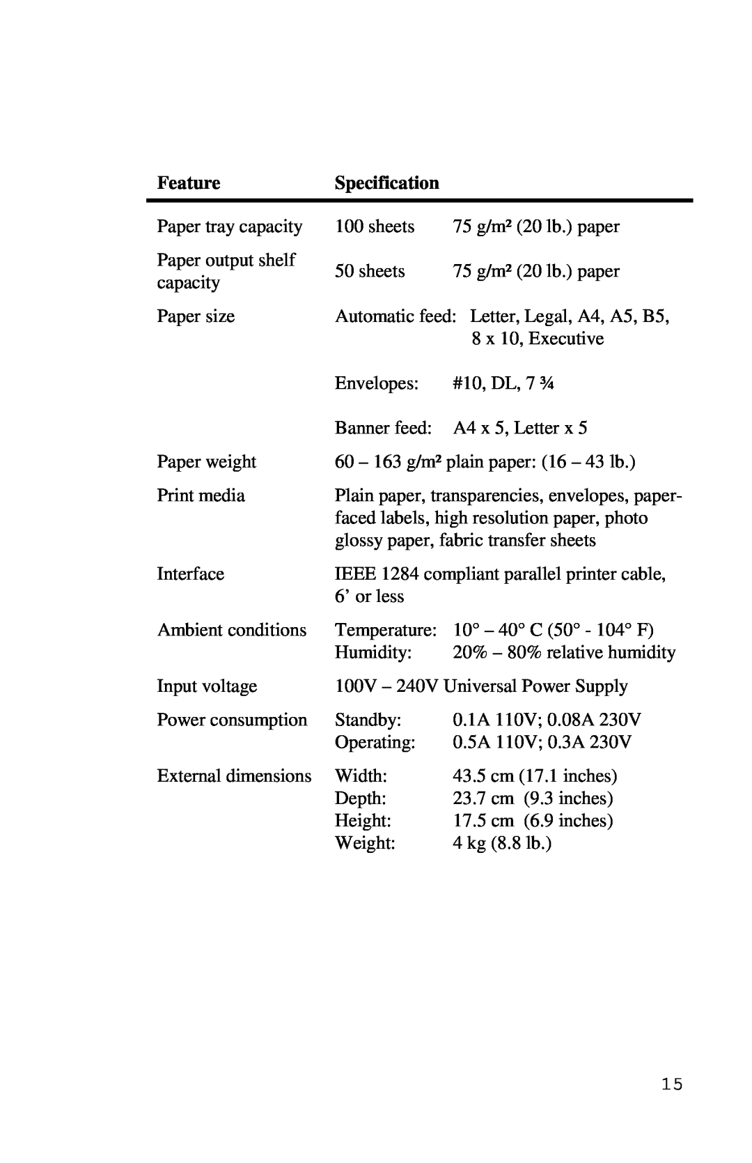Xerox Inkjet Printer manual FeatureSpecification 