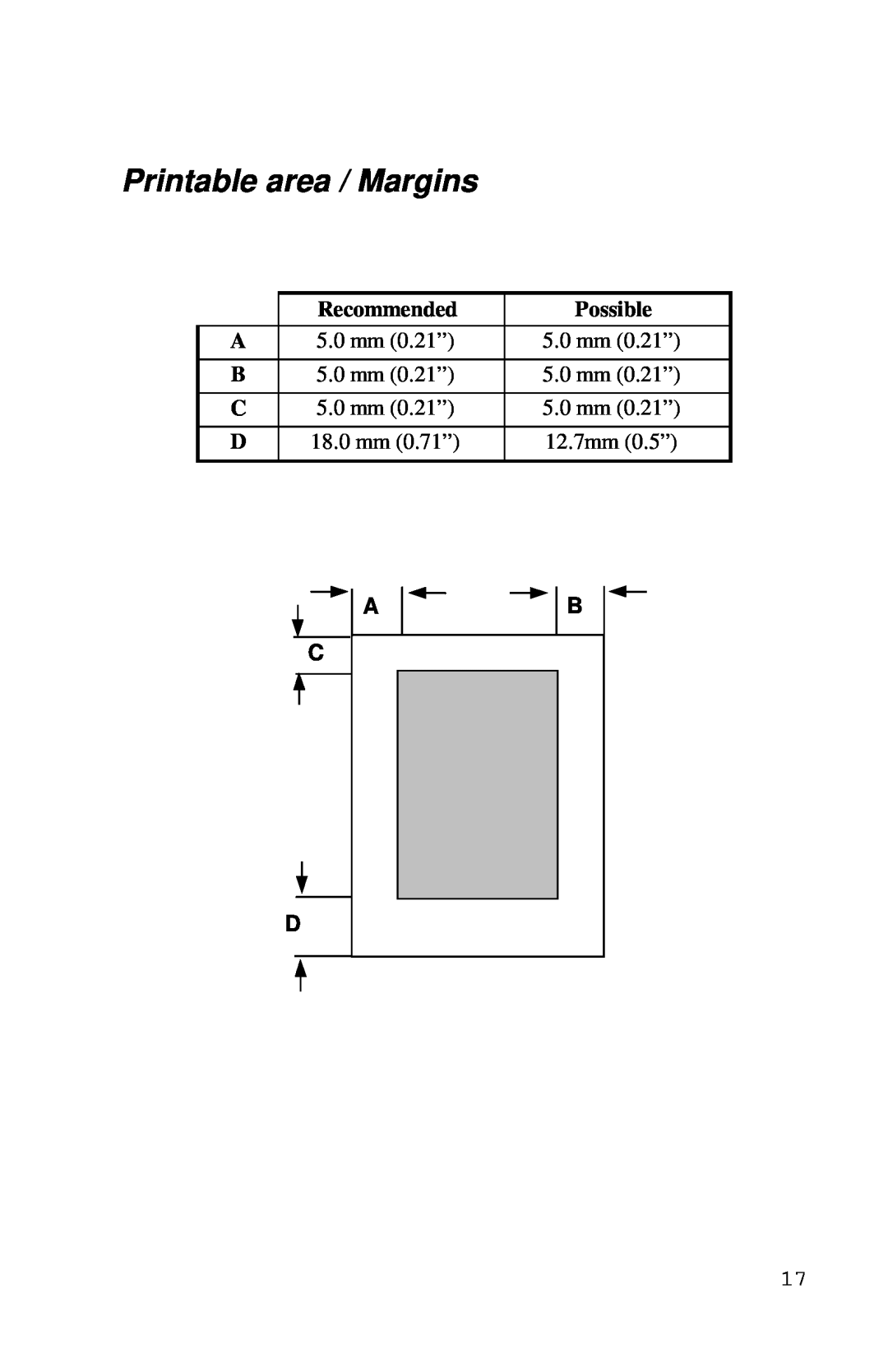 Xerox Inkjet Printer manual Printable area / Margins, Recommended, Possible, Ab C D 