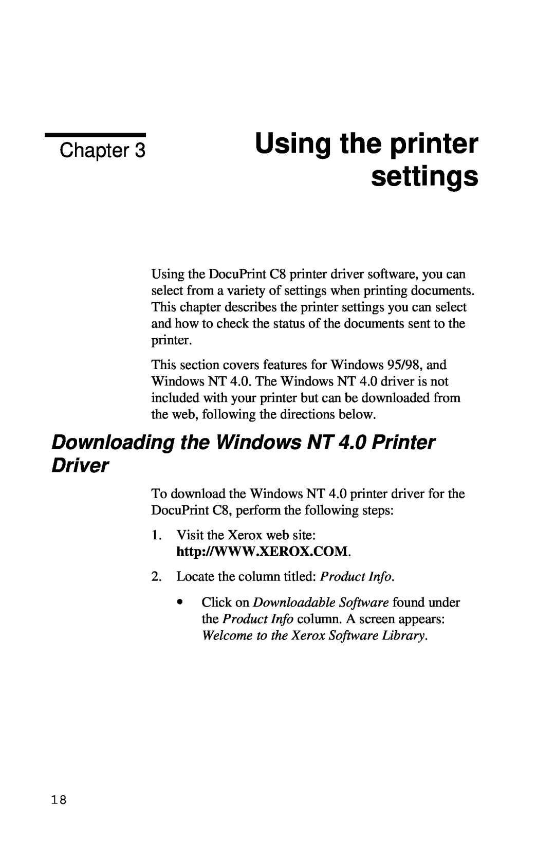 Xerox Inkjet Printer manual Using the printer settings, Downloading the Windows NT 4.0 Printer Driver, Chapter 