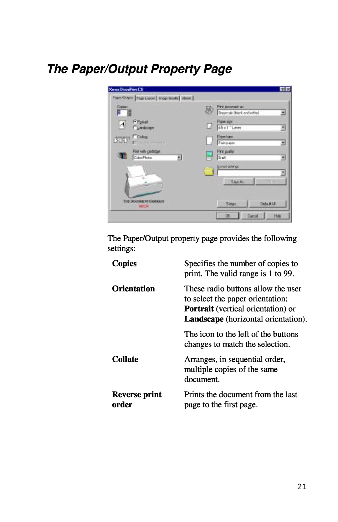 Xerox Inkjet Printer manual The Paper/Output Property Page, Copies, Orientation, Collate, Reverse print, order 