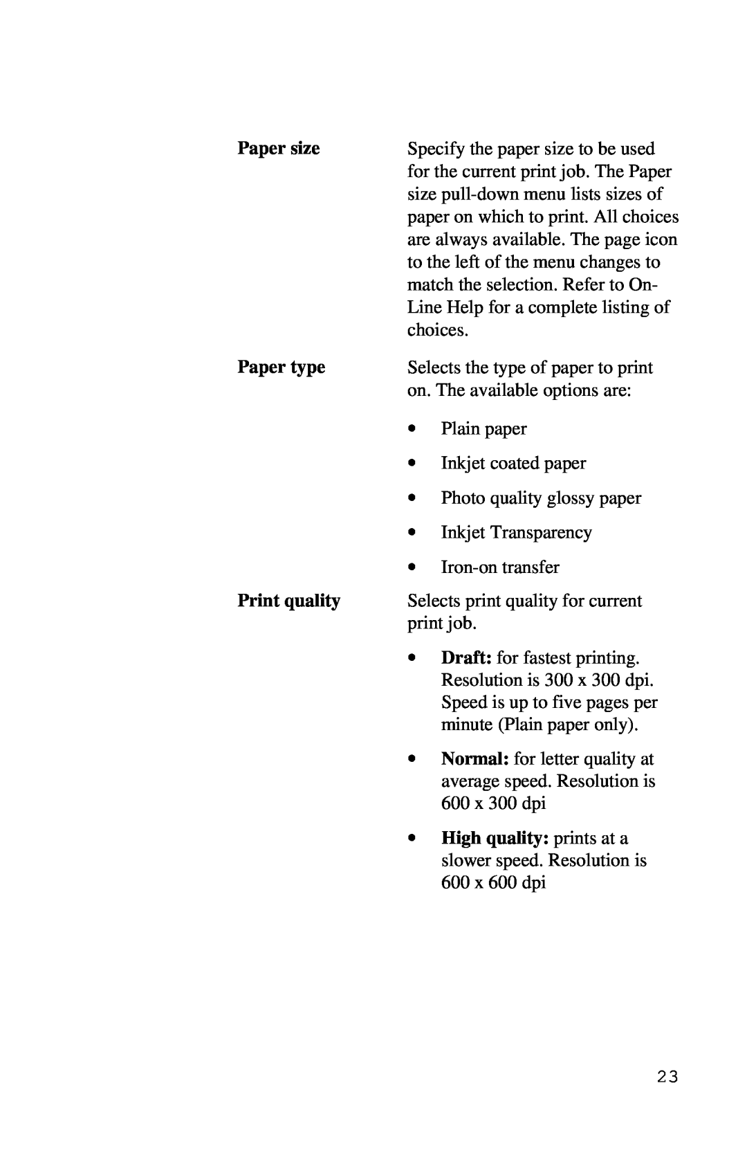 Xerox Inkjet Printer manual Paper size, Paper type, Print quality 