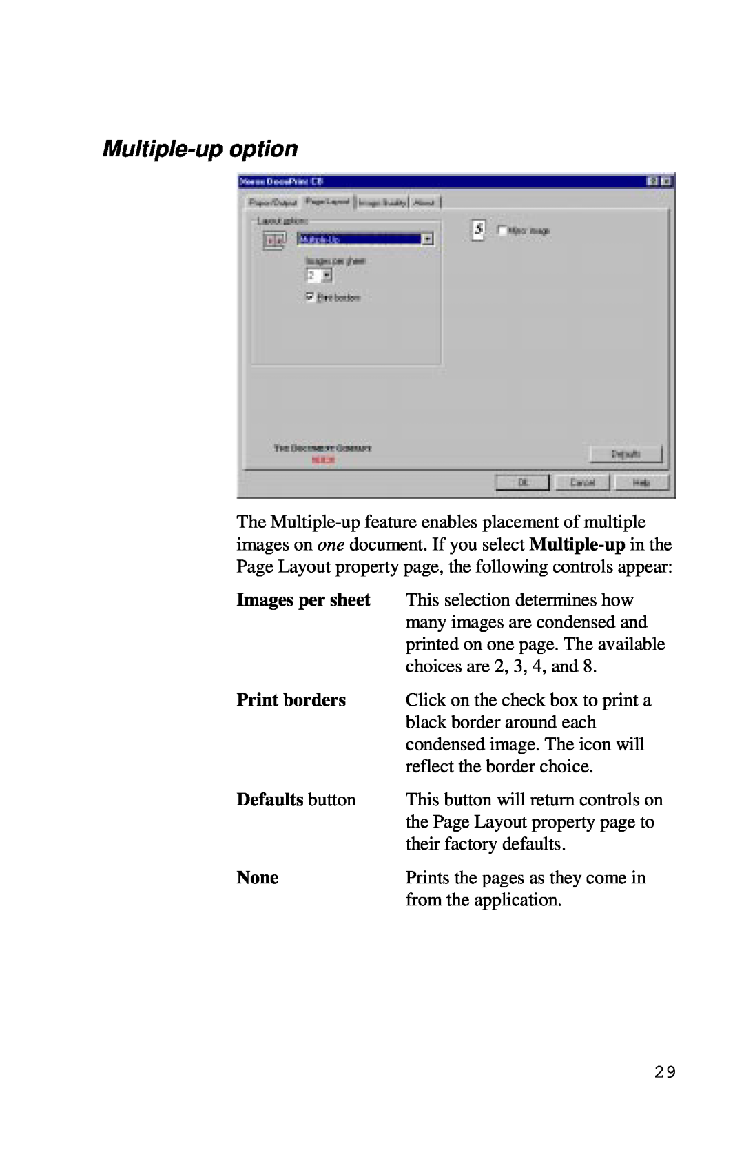 Xerox Inkjet Printer manual Multiple-upoption, Images per sheet, Print borders, Defaults button, None 