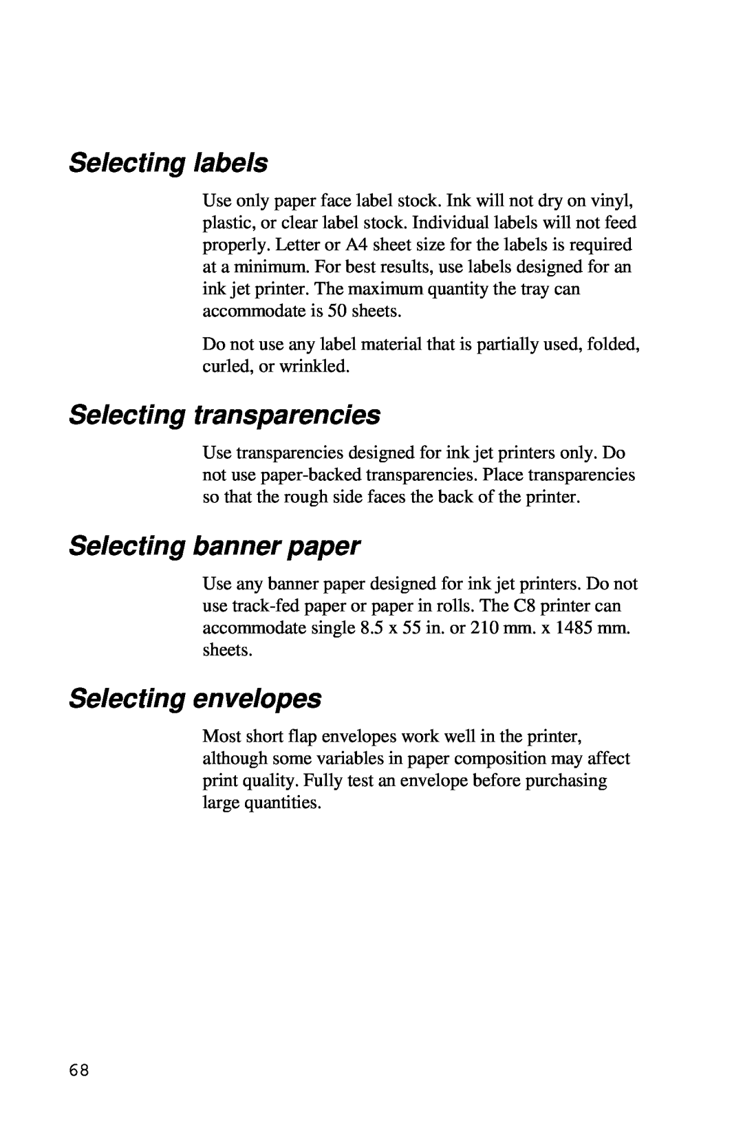 Xerox Inkjet Printer manual Selecting labels, Selecting transparencies, Selecting banner paper, Selecting envelopes 