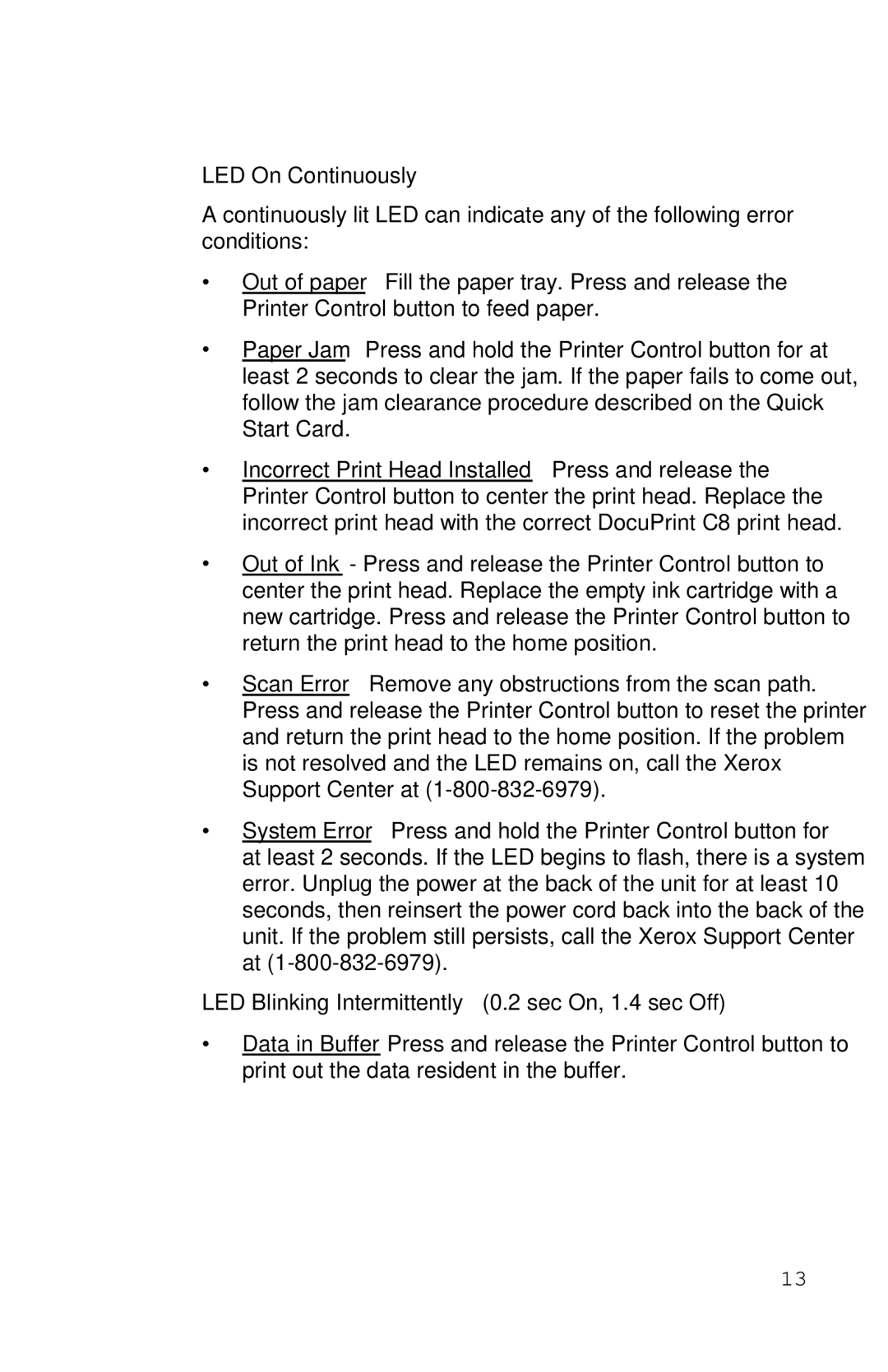 Xerox Inkjet Printer manual LED On Continuously, LED Blinking Intermittently 0.2 sec On, 1.4 sec Off 