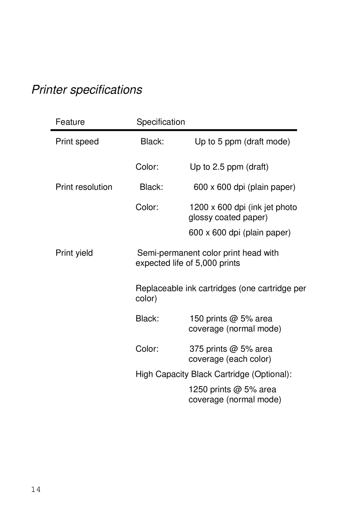 Xerox Inkjet Printer manual Printer specifications, Feature Specification 