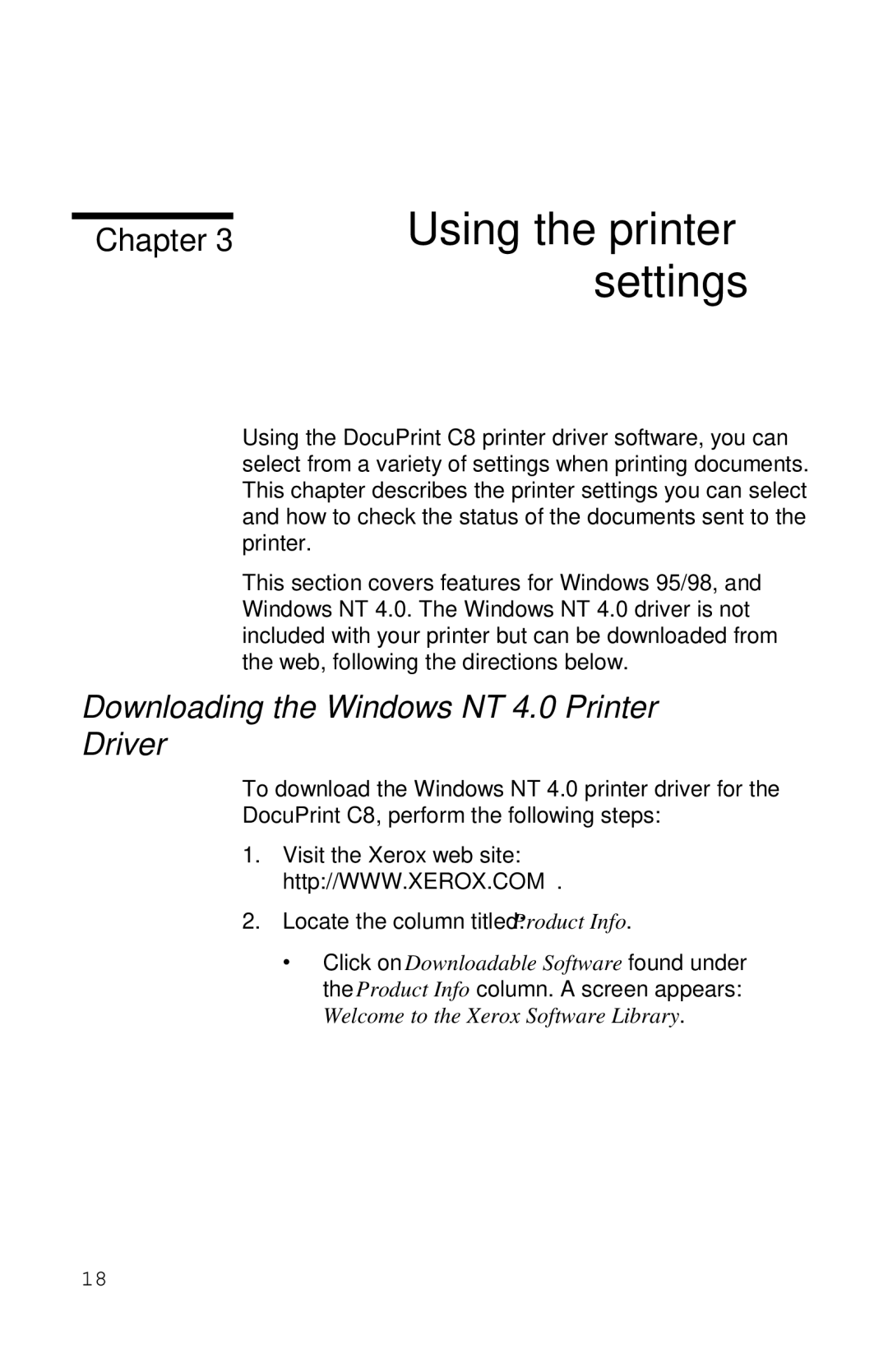 Xerox Inkjet Printer manual Using the printer settings, Downloading the Windows NT 4.0 Printer Driver 