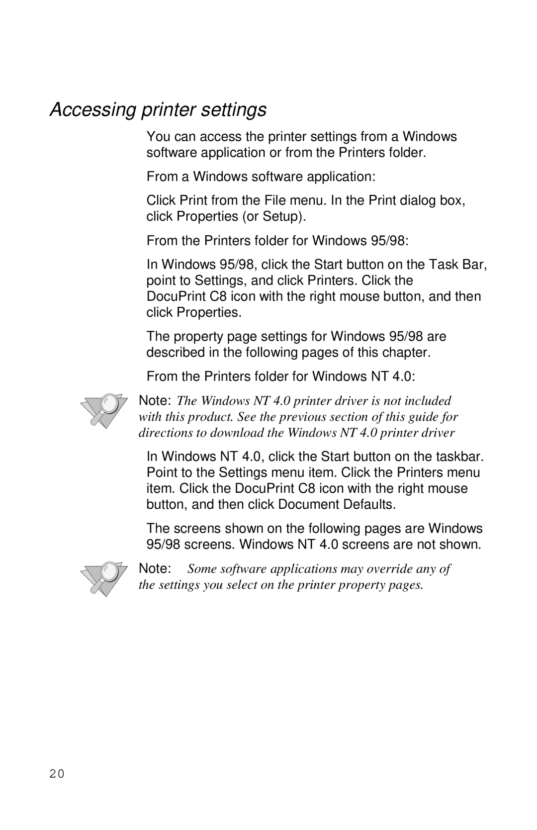 Xerox Inkjet Printer manual Accessing printer settings, From a Windows software application 