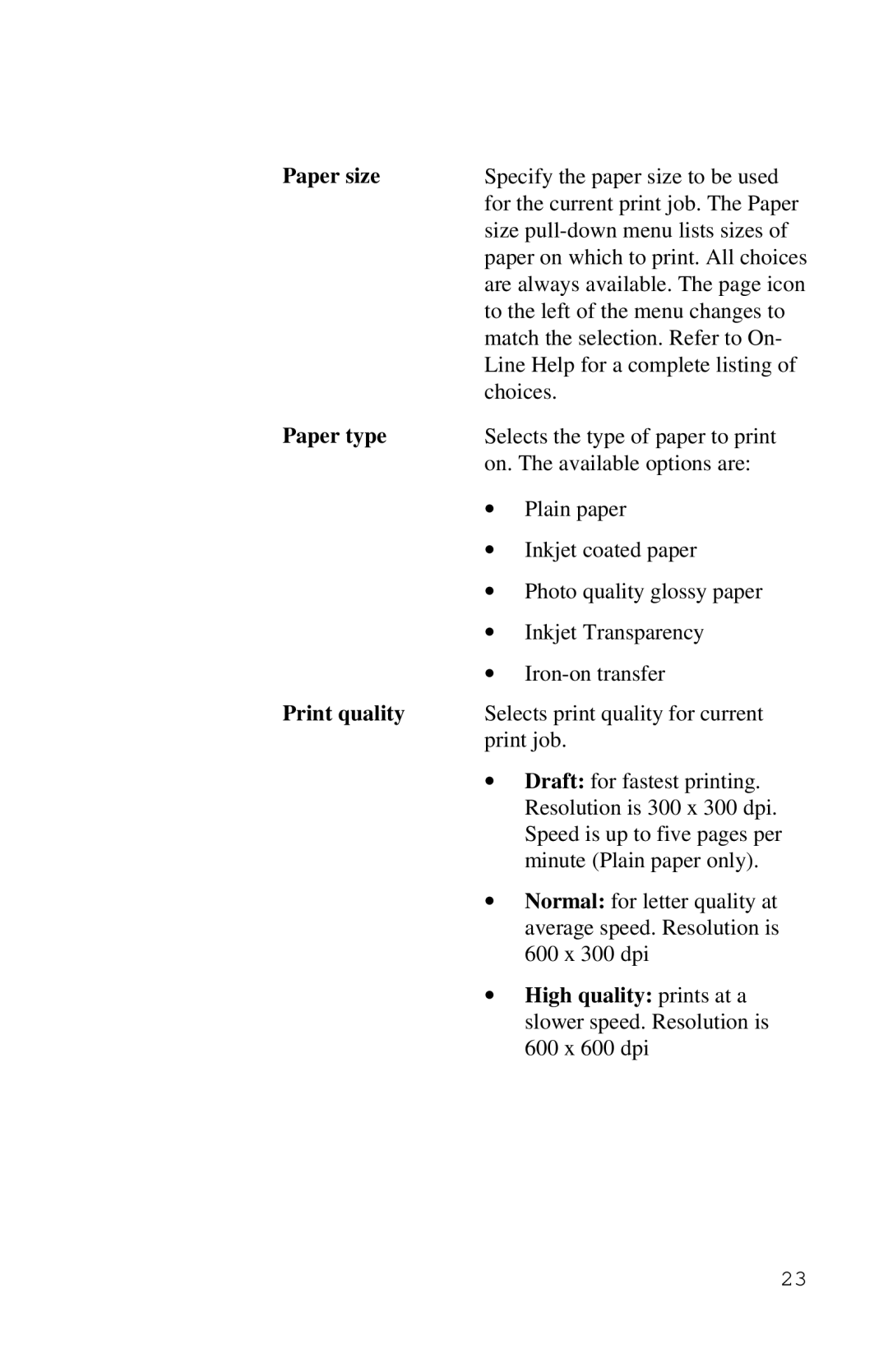 Xerox Inkjet Printer manual Paper size, Paper type, Print quality 