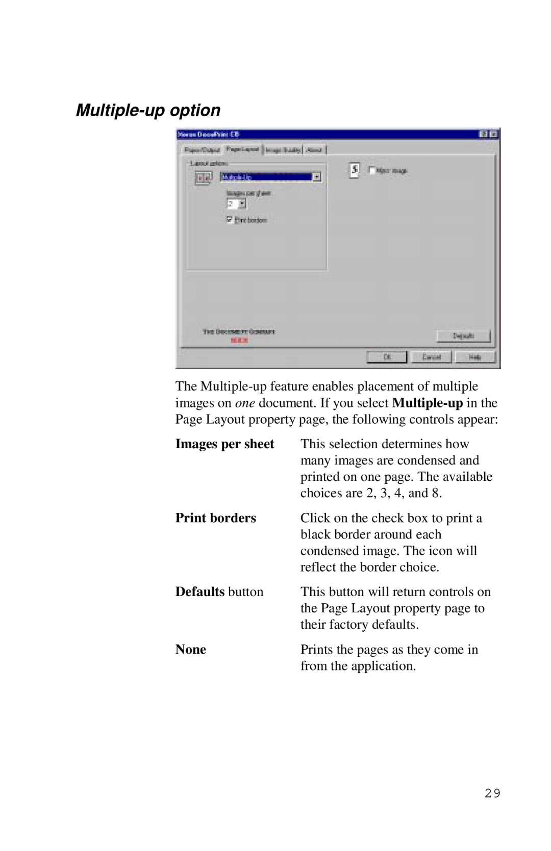 Xerox Inkjet Printer manual Images per sheet, Print borders, Defaults button, None 