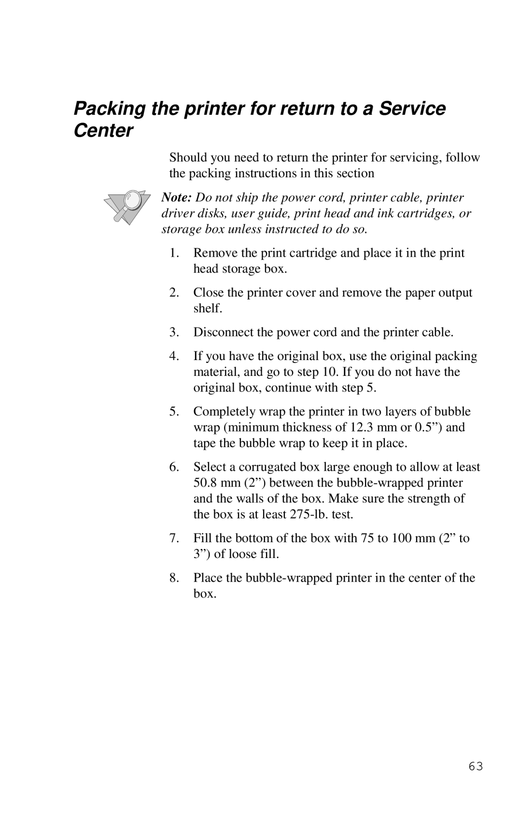 Xerox Inkjet Printer manual Packing the printer for return to a Service Center 