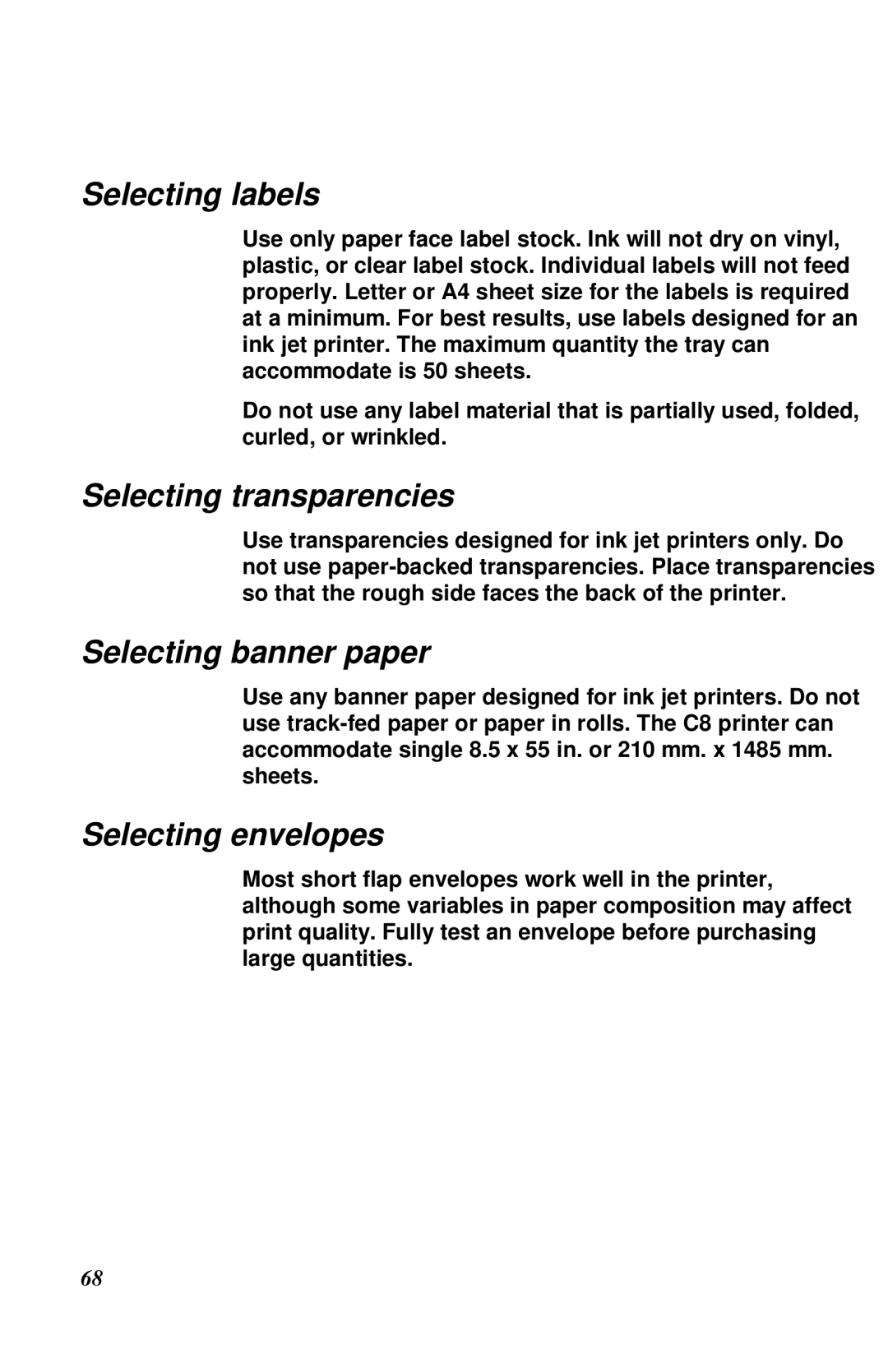 Xerox Inkjet Printer manual Selecting labels, Selecting transparencies, Selecting banner paper, Selecting envelopes 