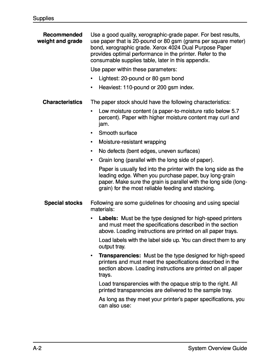 Xerox 4890, IPS, NPS Supplies, Use paper within these parameters, Lightest 20-poundor 80 gsm bond, System Overview Guide 