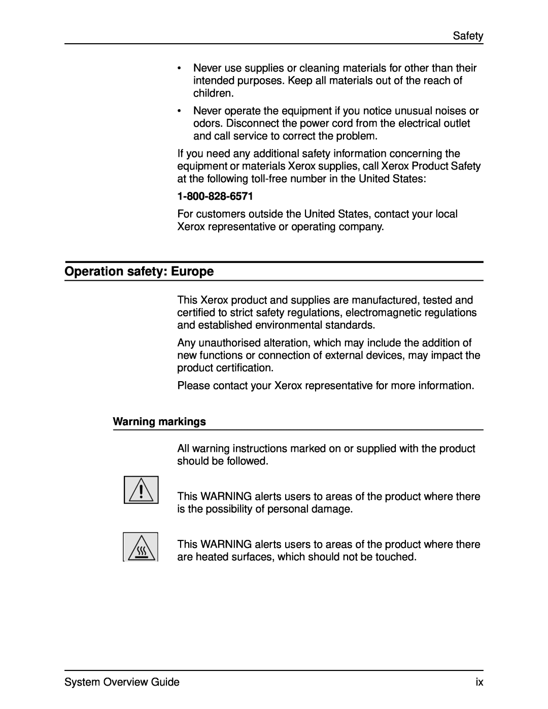 Xerox 92C, IPS, NPS, 4890, 4850 manual Operation safety Europe, Warning markings 