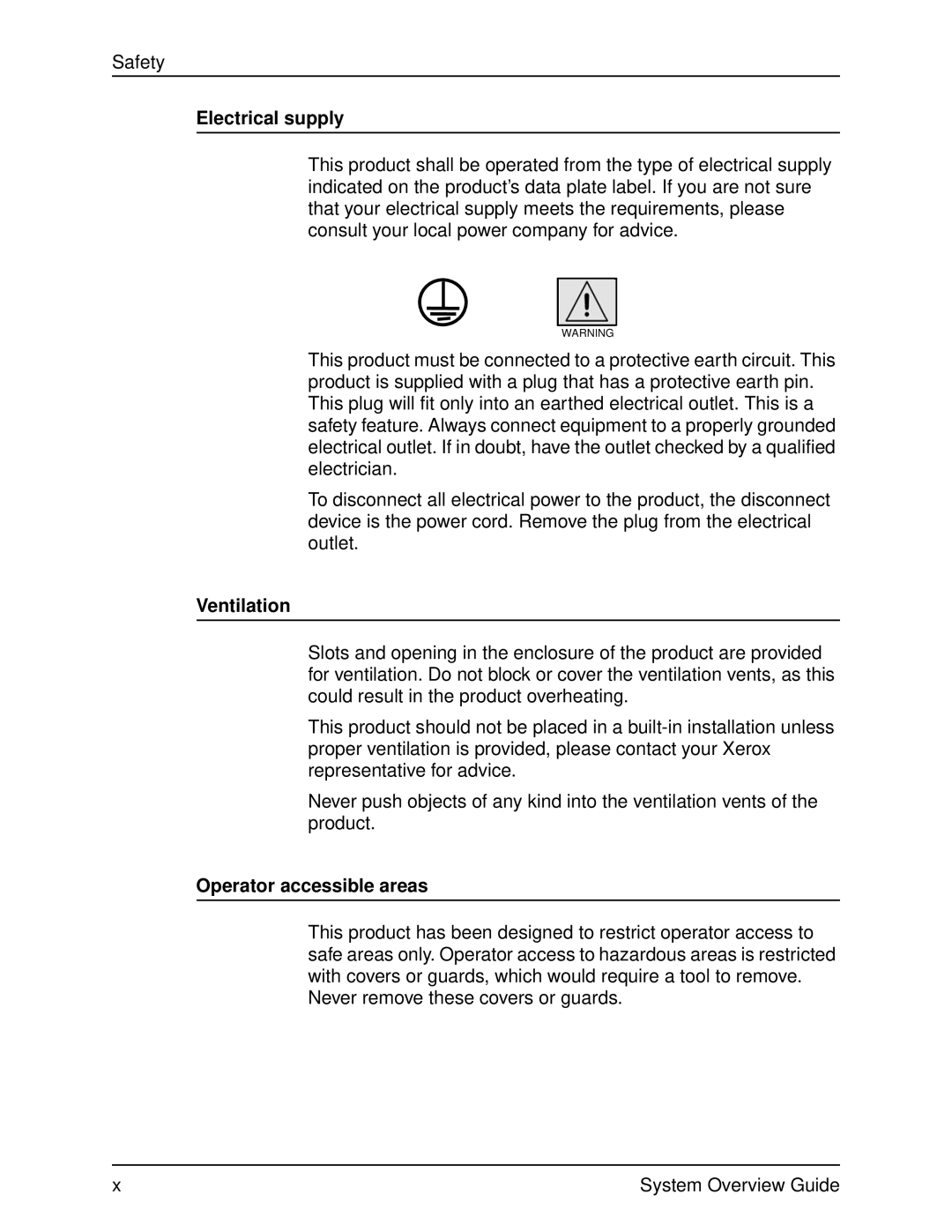 Xerox IPS, NPS, 4890, 4850, 92C manual Electrical supply, Ventilation, Operator accessible areas 