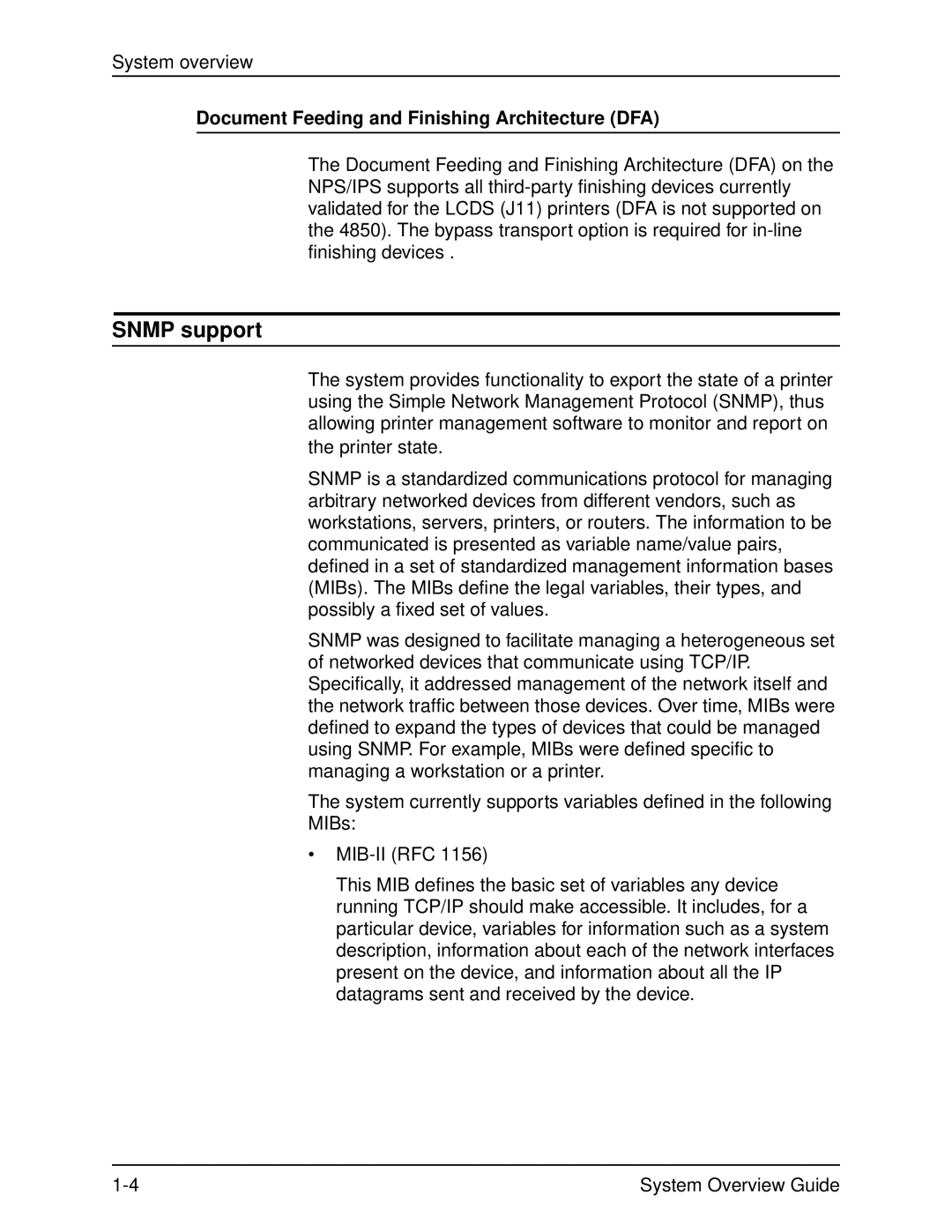 Xerox 4890, IPS, NPS, 4850, 92C manual Snmp support, Document Feeding and Finishing Architecture DFA 