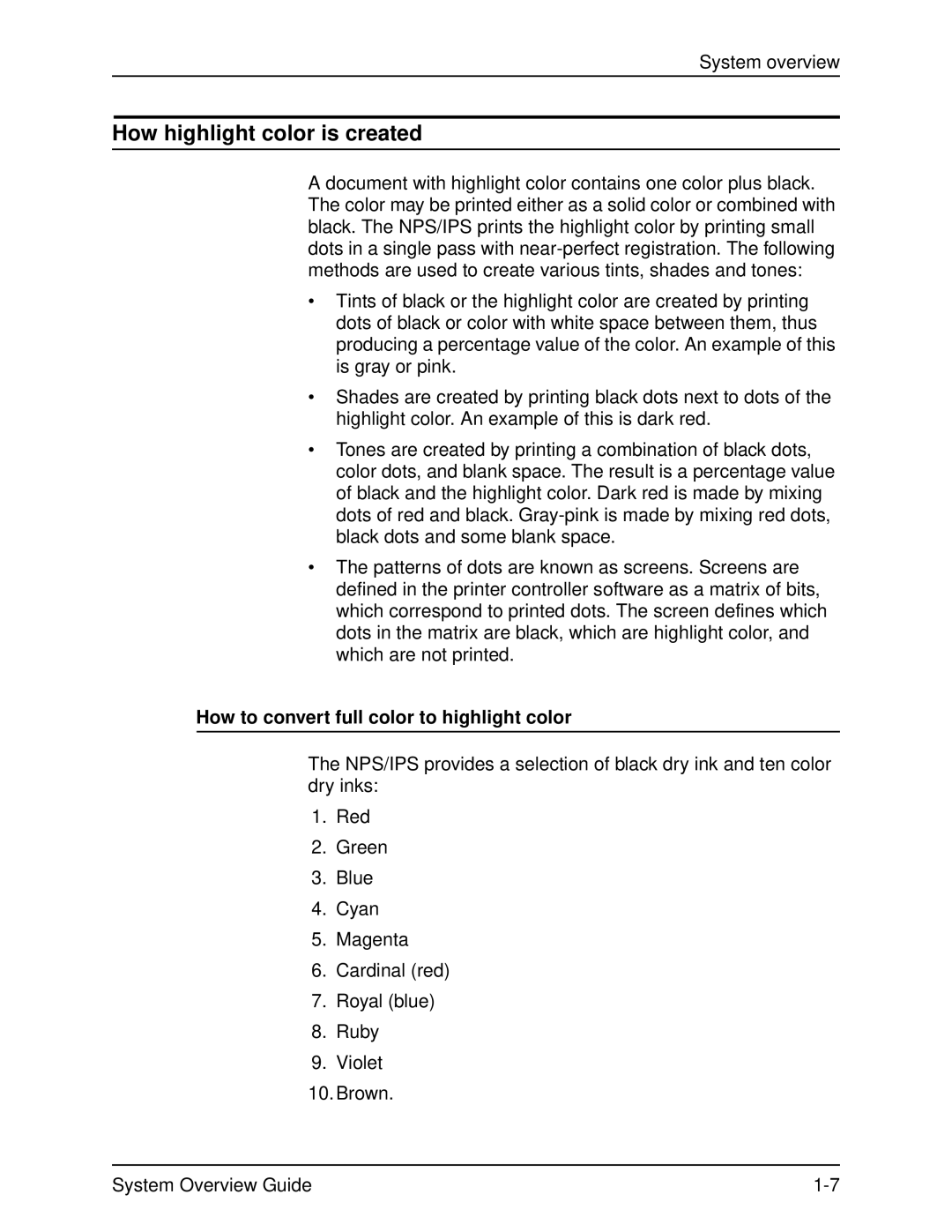 Xerox IPS, NPS, 4890, 4850, 92C manual How highlight color is created, How to convert full color to highlight color 