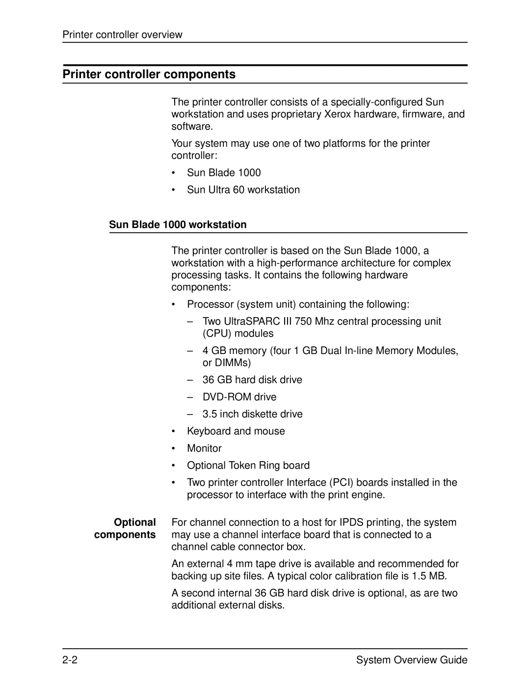 Xerox 4850, IPS, NPS, 4890, 92C manual Printer controller components, Sun Blade 1000 workstation 