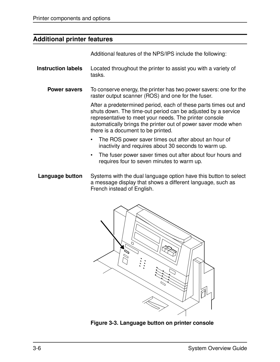 Xerox 4890, IPS, NPS, 4850, 92C manual Additional printer features, Language button on printer console 