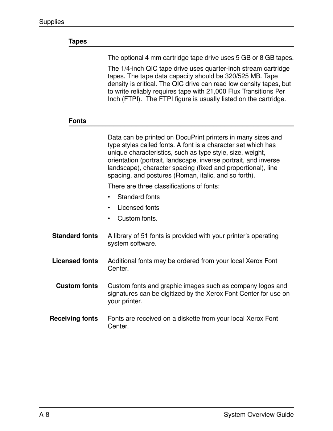 Xerox 4850, IPS, NPS, 4890, 92C manual Tapes, Fonts 