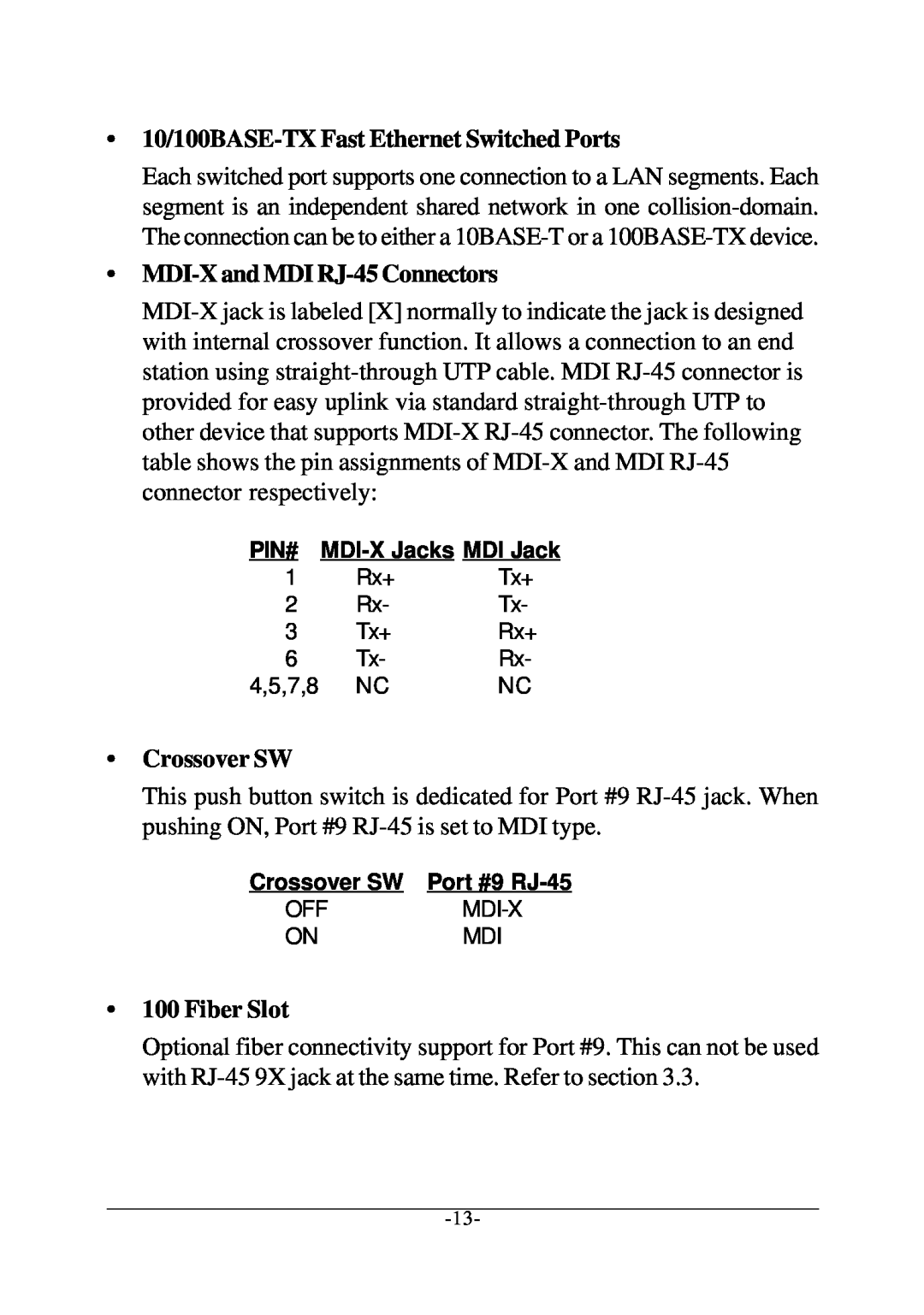 Xerox KS-801 operation manual Pin#, MDI-X Jacks MDI Jack, Crossover SW, Port #9 RJ-45 