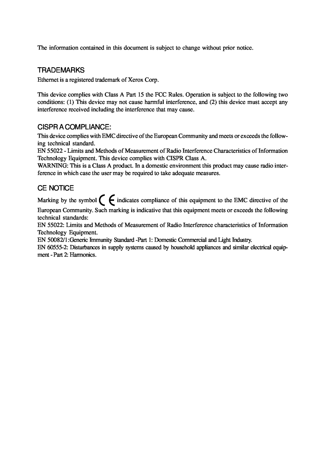 Xerox KS-801 operation manual Trademarks, Cispr A Compliance, Ce Notice 