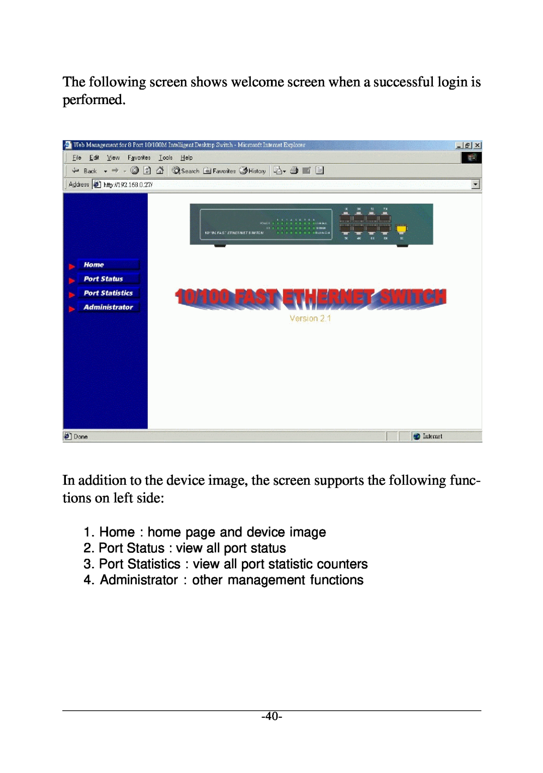 Xerox KS-801 Home home page and device image, Port Status view all port status, Administrator other management functions 