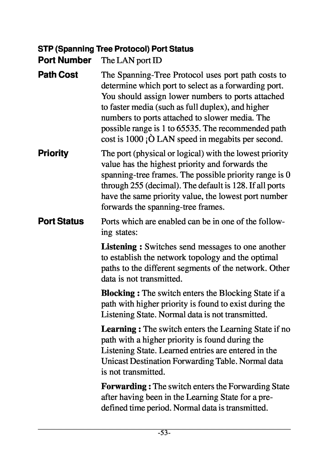 Xerox KS-801 operation manual Port Number, Path Cost, Priority, STP Spanning Tree Protocol Port Status 