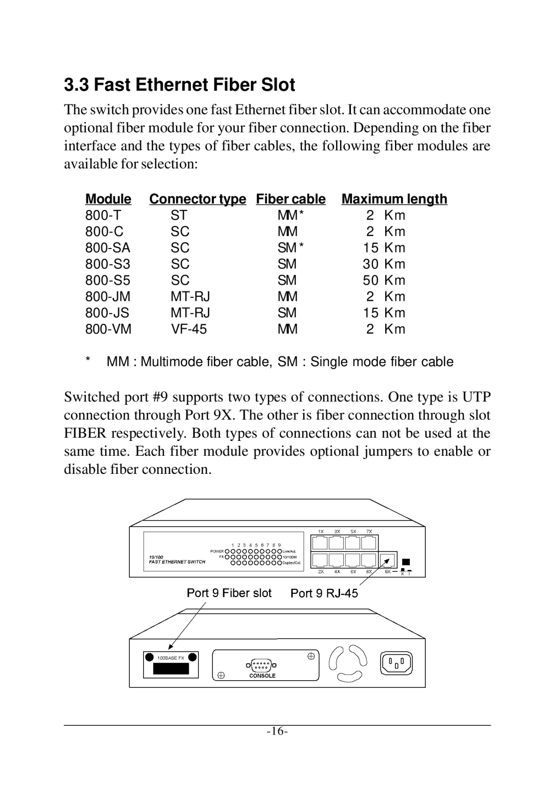 Xerox KS-801 operation manual Fast Ethernet Fiber Slot, Module Connector type Fiber cable Maximum length 