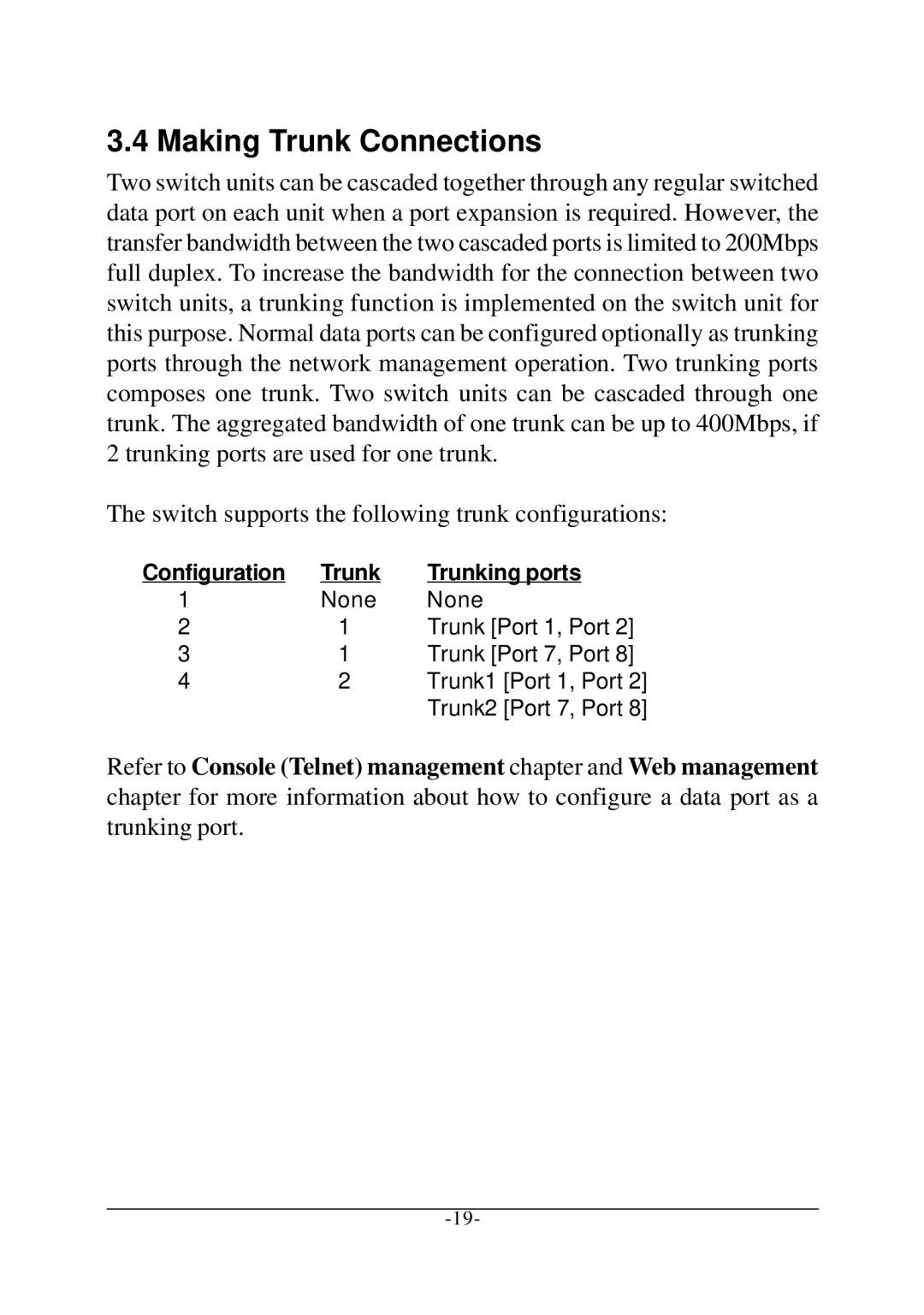 Xerox KS-801 operation manual Making Trunk Connections, Switch supports the following trunk configurations 