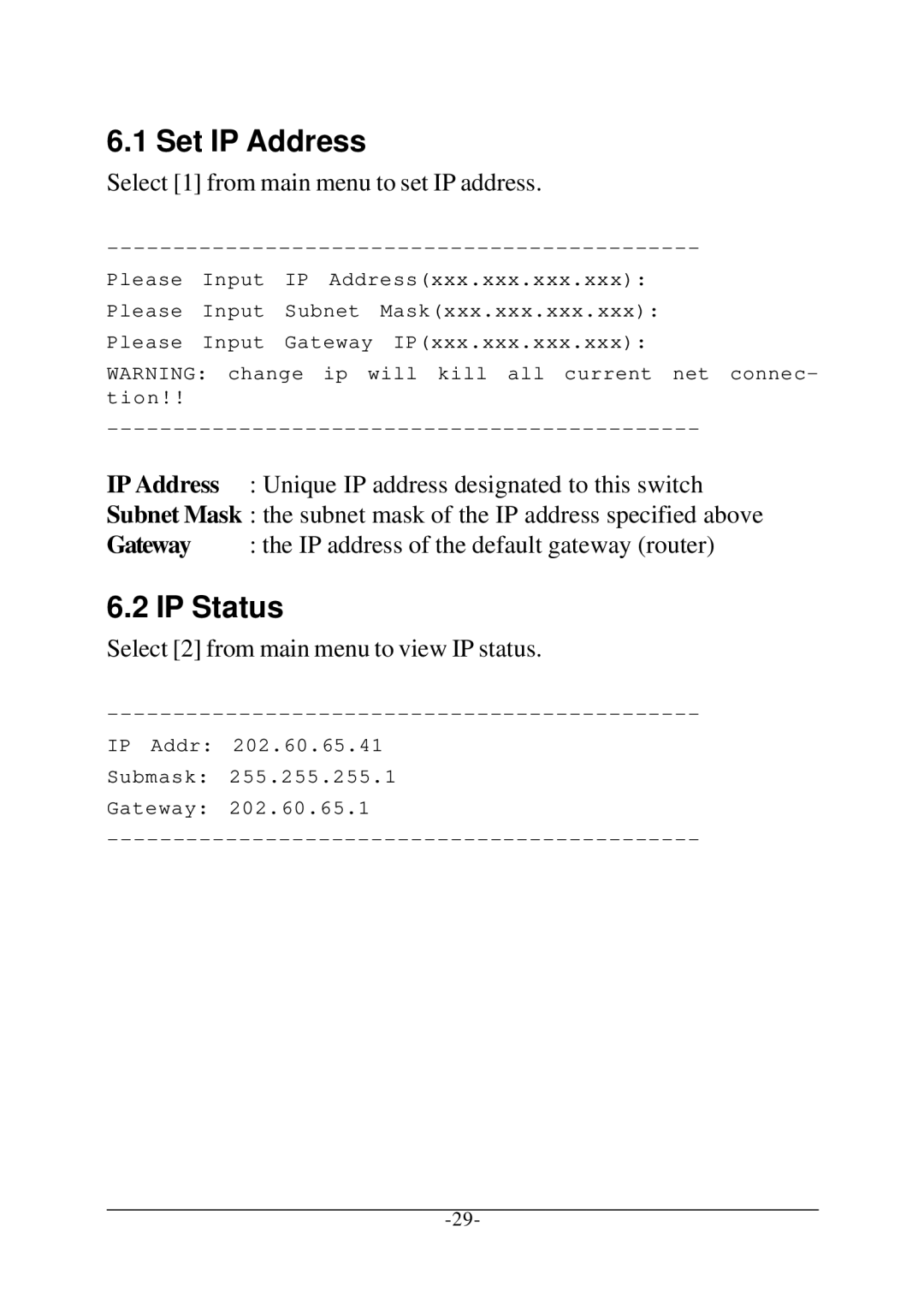 Xerox KS-801 operation manual Set IP Address, IP Status, Select 1 from main menu to set IP address 