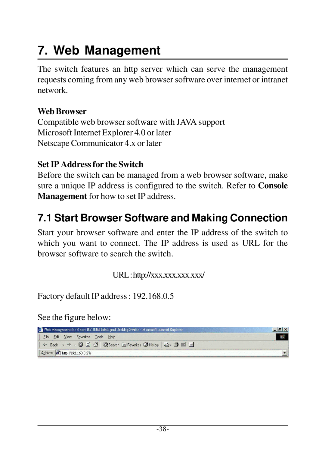 Xerox KS-801 Web Management, Start Browser Software and Making Connection, Web Browser, Set IP Address for the Switch 