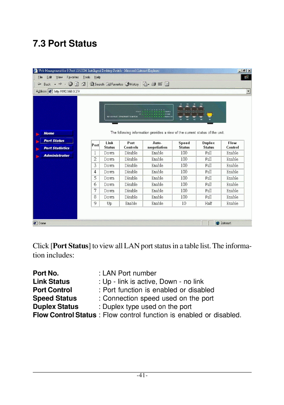 Xerox KS-801 operation manual Port Status 