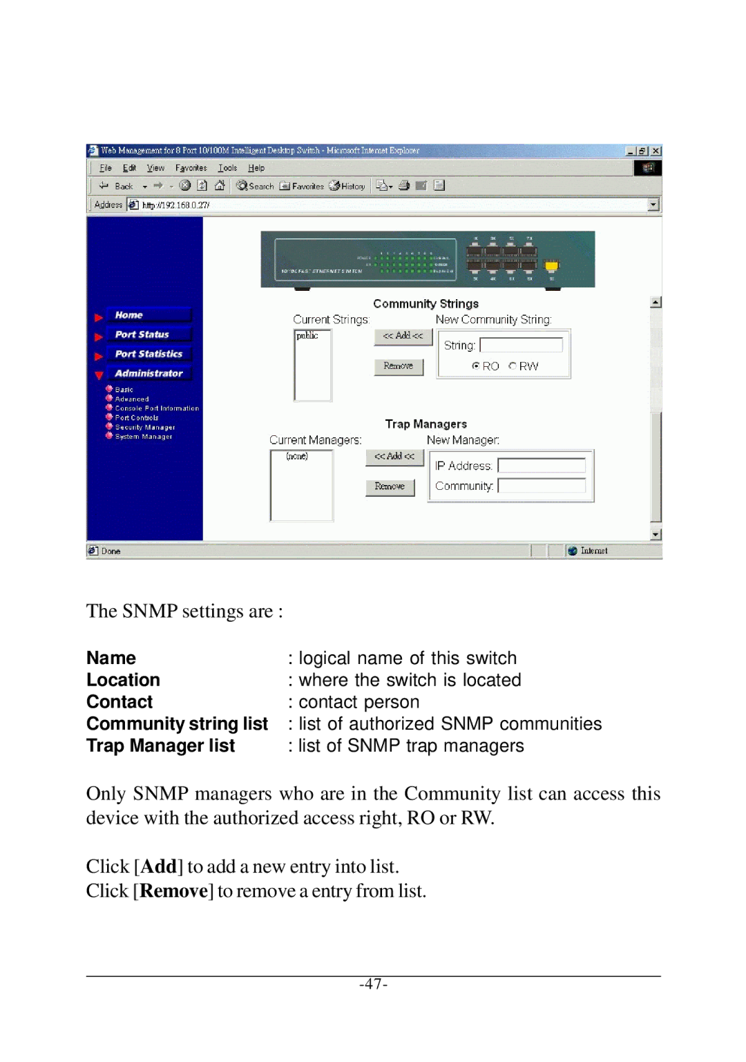 Xerox KS-801 operation manual Snmp settings are 