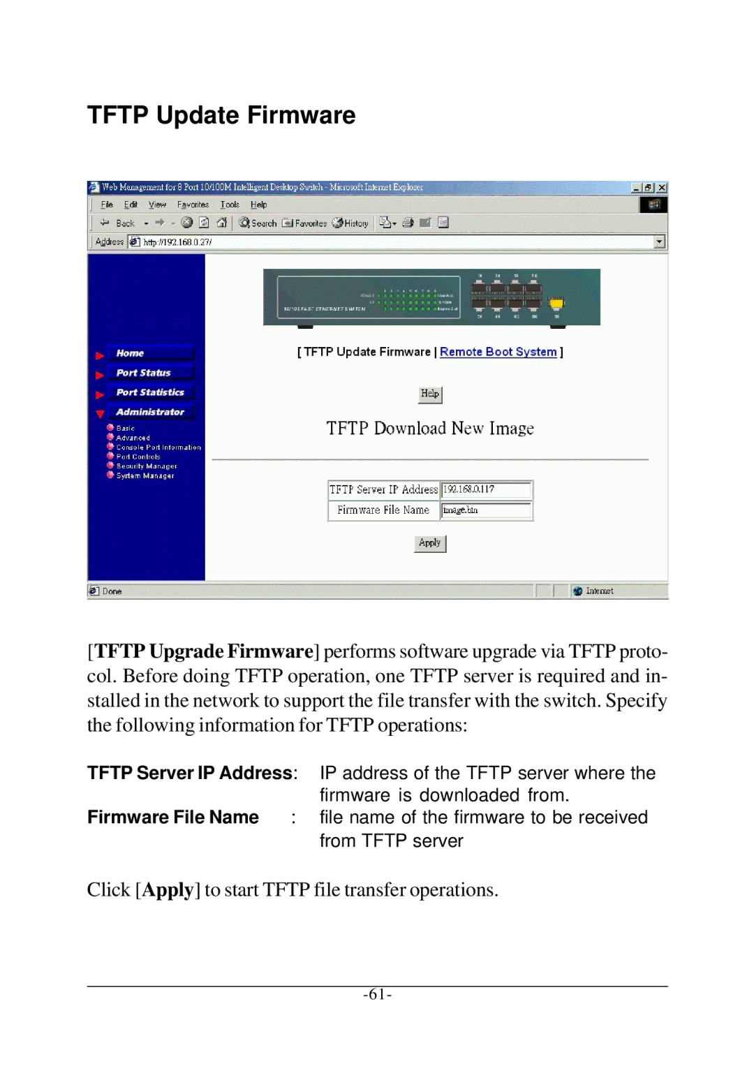 Xerox KS-801 operation manual Tftp Update Firmware, Click Apply to start Tftp file transfer operations 