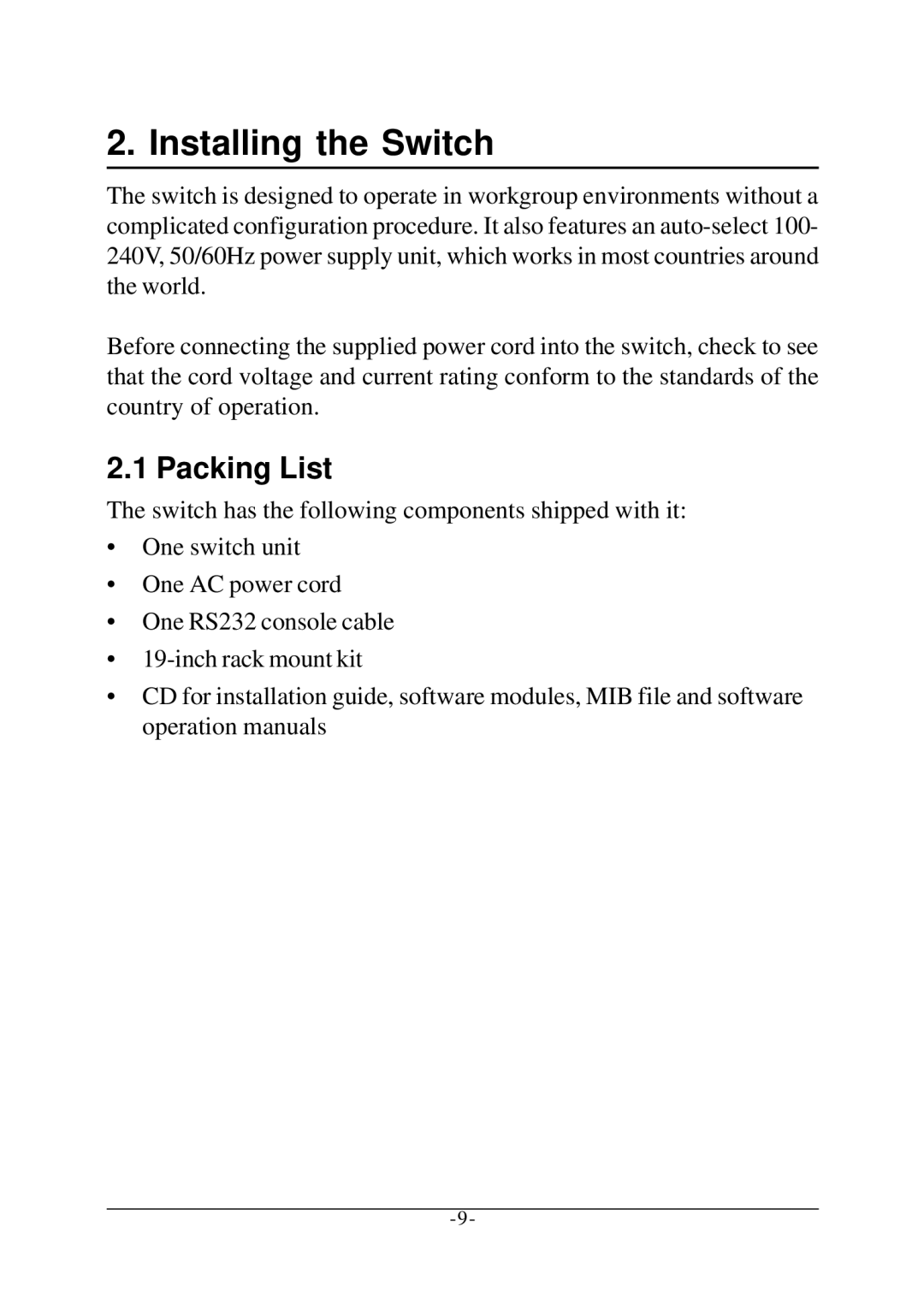 Xerox KS-801 operation manual Installing the Switch, Packing List 