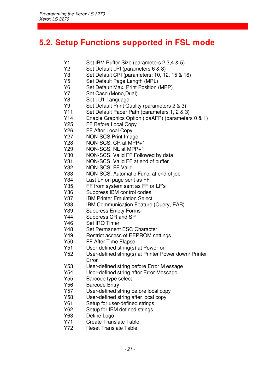 Xerox ls 32270 instruction manual Setup Functions supported in FSL mode 