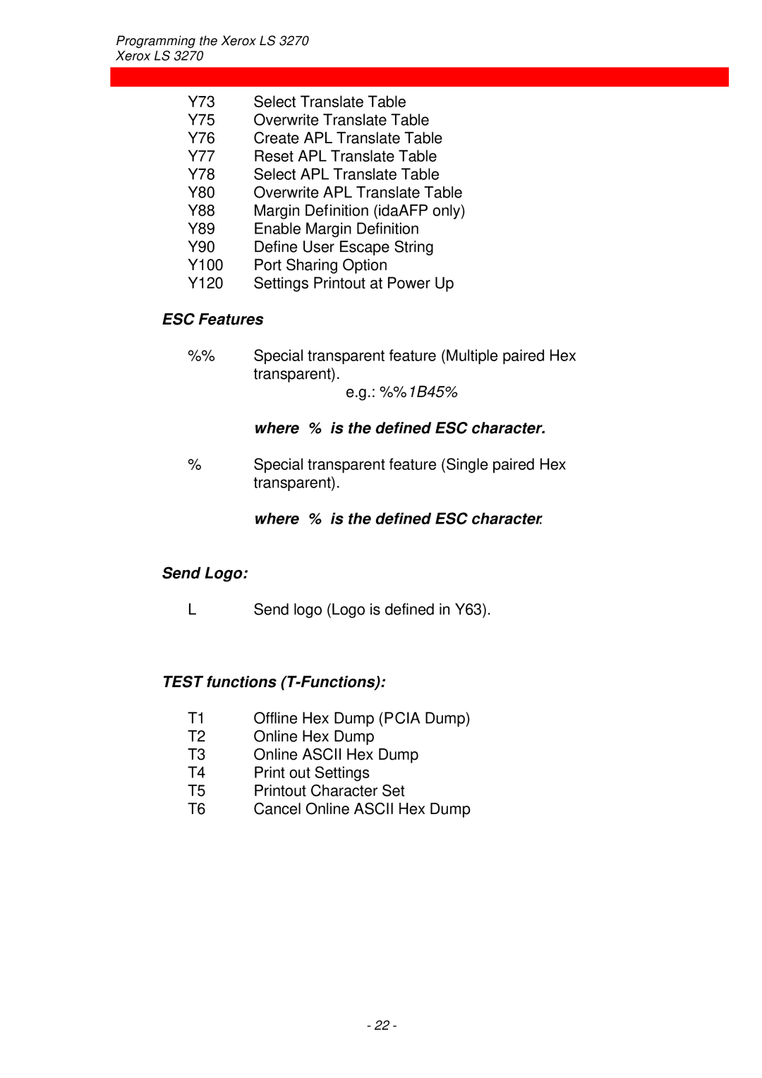 Xerox ls 32270 instruction manual ESC Features 