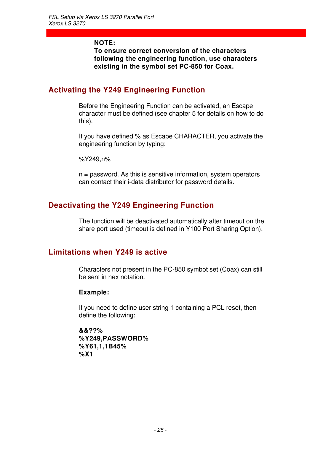 Xerox ls 32270 instruction manual Activating the Y249 Engineering Function, Deactivating the Y249 Engineering Function 