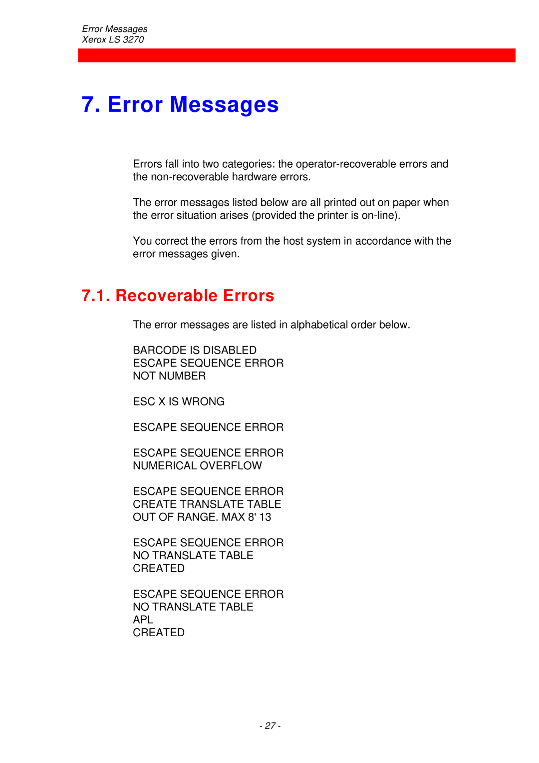 Xerox ls 32270 instruction manual Error Messages, Recoverable Errors 