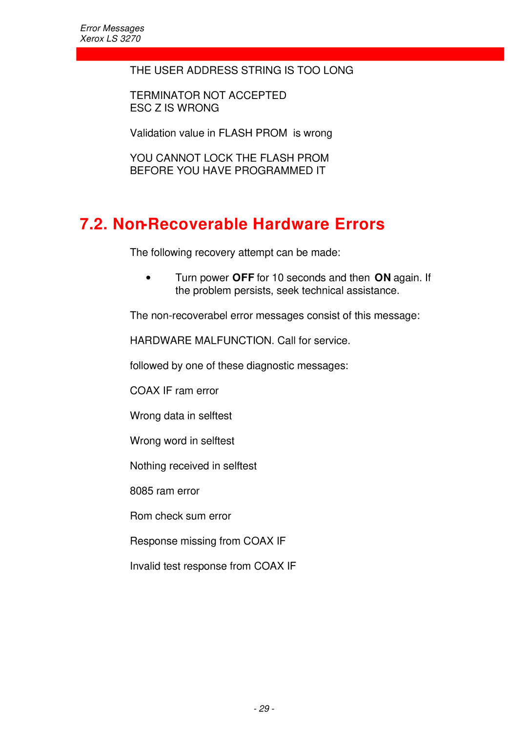 Xerox ls 32270 instruction manual Non-Recoverable Hardware Errors 