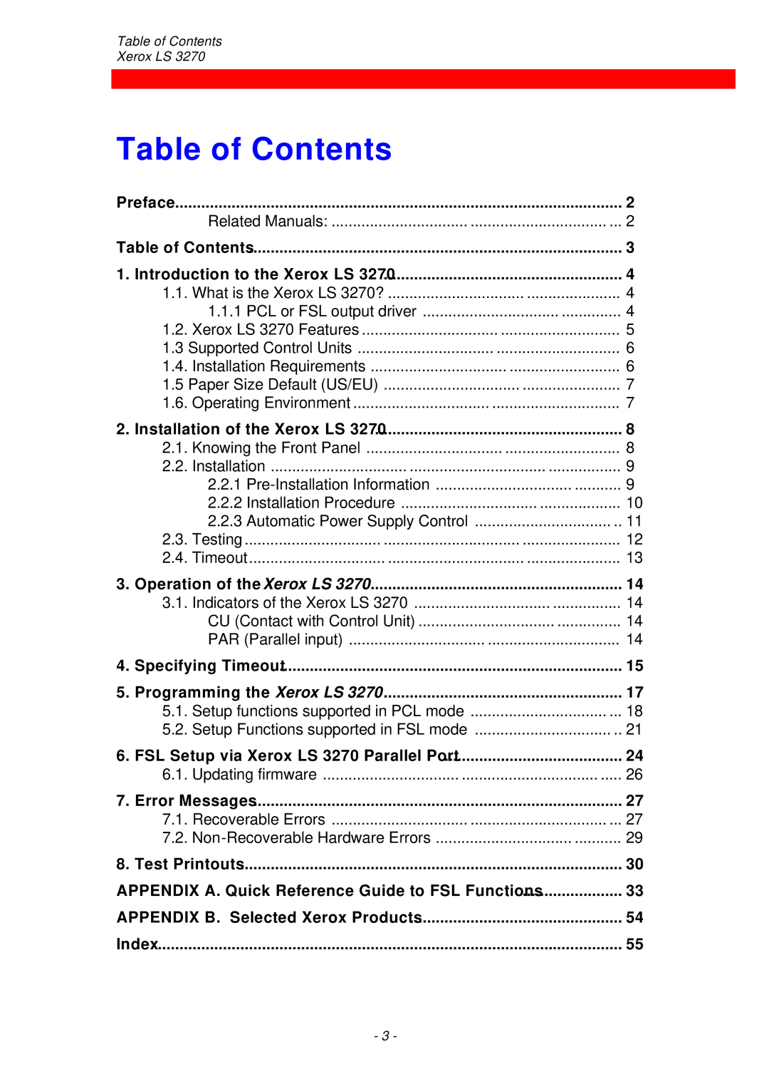 Xerox ls 32270 instruction manual Table of Contents 