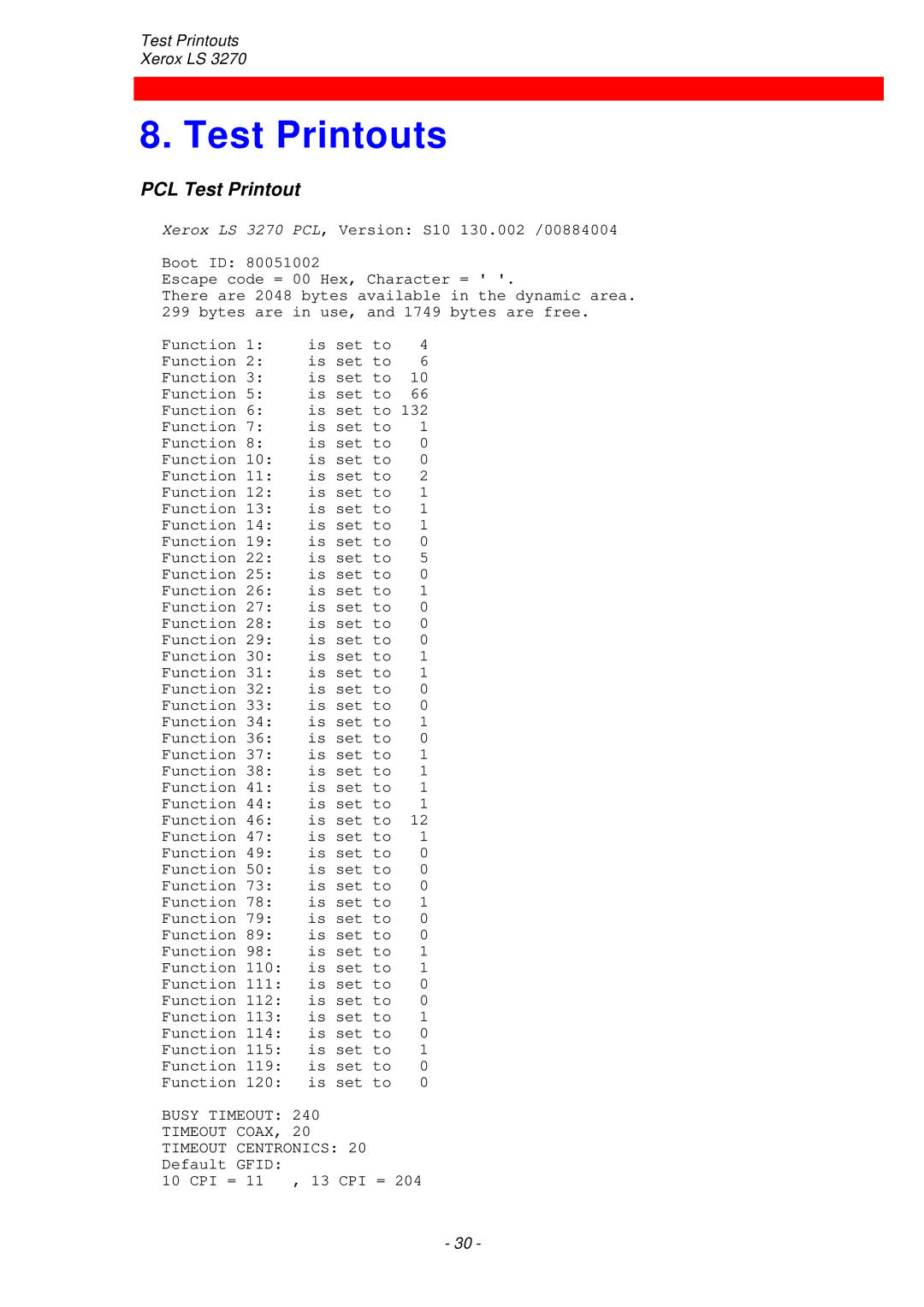 Xerox ls 32270 instruction manual Test Printouts, PCL Test Printout, Busy Timeout Timeout Coax 