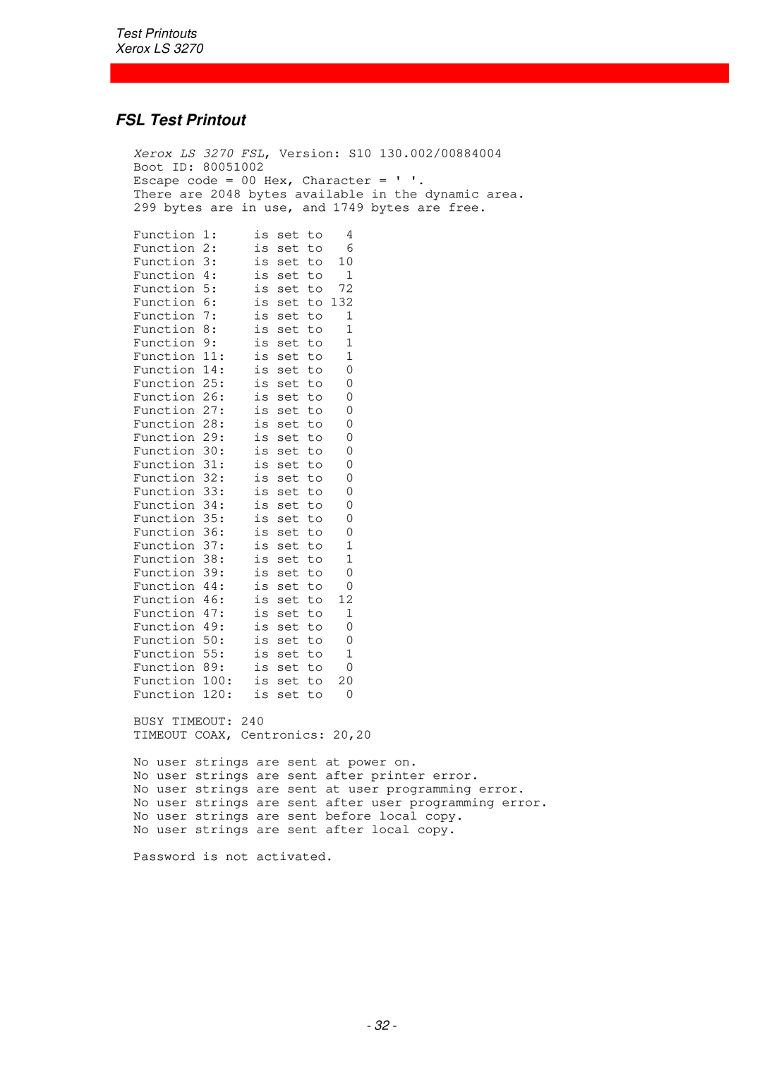 Xerox ls 32270 instruction manual FSL Test Printout, Busy Timeout 