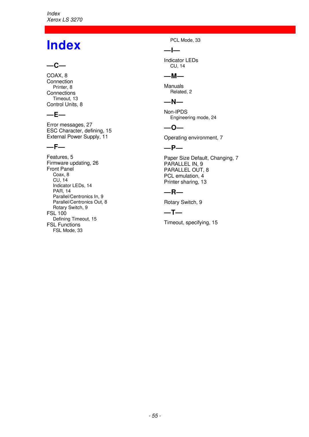 Xerox ls 32270 instruction manual Index, Coax 