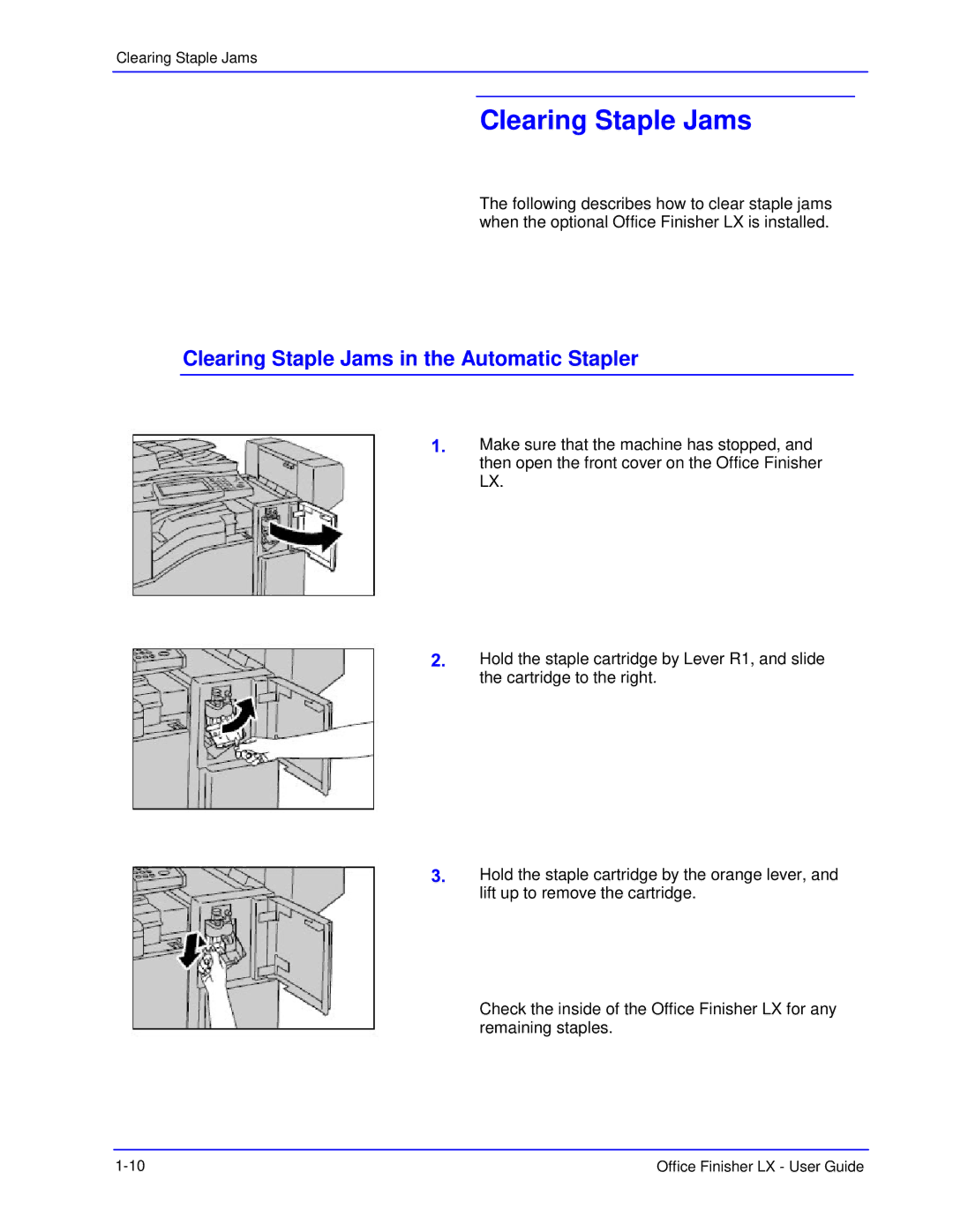 Xerox LX manual Clearing Staple Jams in the Automatic Stapler 