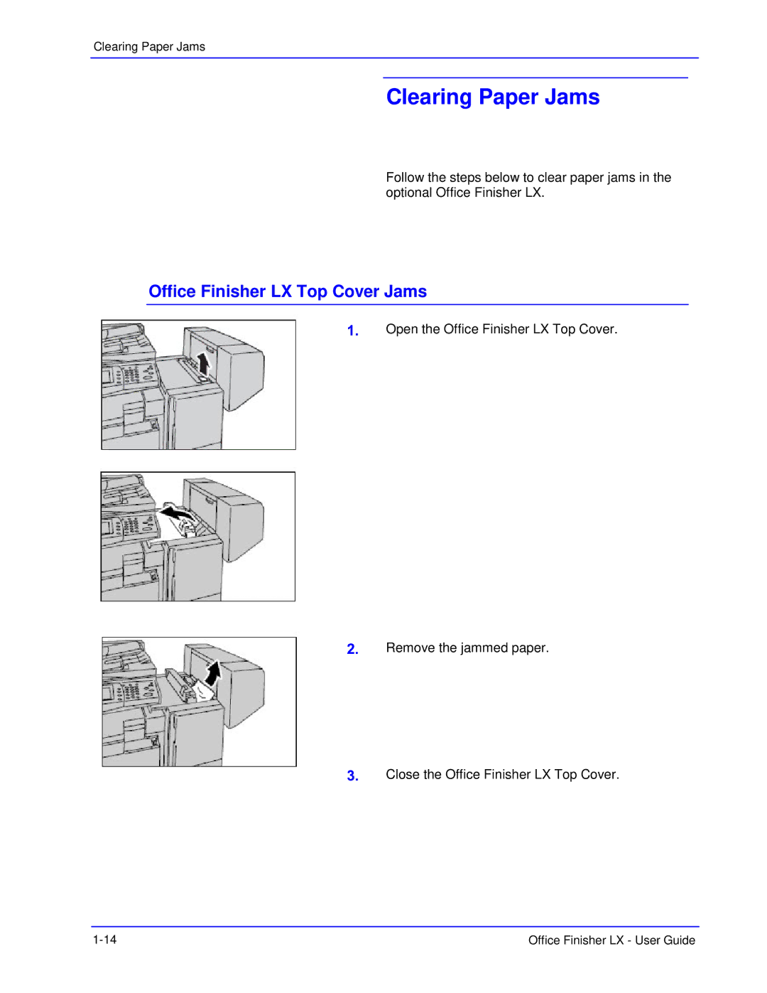 Xerox manual Clearing Paper Jams, Office Finisher LX Top Cover Jams 