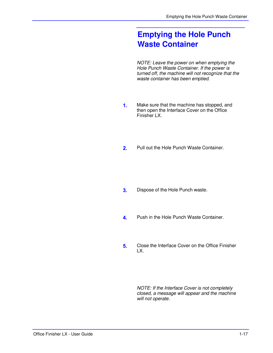 Xerox LX manual Emptying the Hole Punch Waste Container 