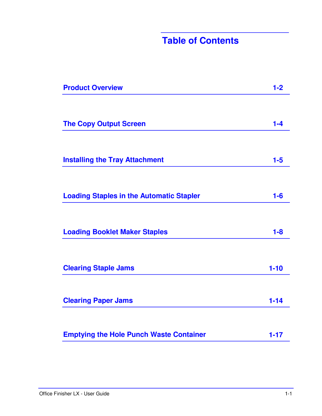 Xerox LX manual Table of Contents 